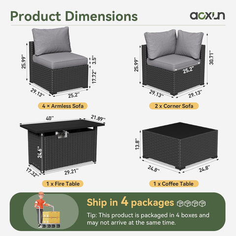 Aoxun 8 Piece Patio Furniture Set with 44” Fire Pit Table Wicker Rattan Patio Sectional Sofa Set Outdoor Seating Furniture with 4'' Thickened Cushion, Gray (Include Waterproof Cover)