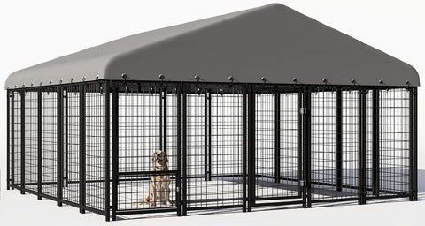 Outdoor Dog Kennel 120"x118", Large Metal Fence House with Roof, Feeding Door, Double Lock