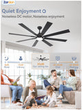 Zardon 72 inch Large Ceiling Fans with Lights and Remote, 6 Speed Reversible DC Motor, Dual Finish 8 Blades-Black