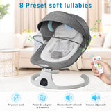SACVON Baby Swing for Infants, Baby Rocker with 5 Point Harness, Bluetooth Support, 8 Preset Lullabies, 3 Speed Natural, with Remote Control and 2 Hanging Toys, Dark Gray