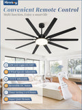 Zardon 72" Ceiling Fan with Lights and Remote, Quiet DC Motor, 10 Blades, 6 Speeds-Black