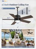 Zardon 42" Outdoor Ceiling Fan with Light - Remote Control, 6 Speeds, Waterproof, Black