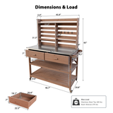 64.9"H Outdoor Potting Bench Table with Lockable Wheels, Solid Wood Outdoor Kitchen Island with Upper Hutch, Stainless Steel Top, Towel Rack ,Outdoor Storage for Grilling, Lawn Garden -Brown