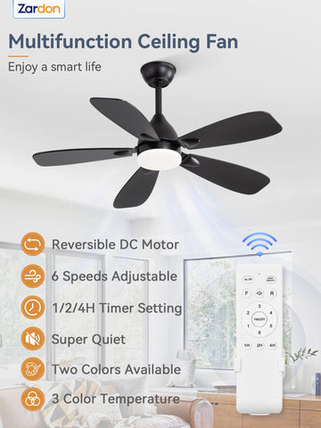 Zardon 42-inch Ceiling Fan with Light - Remote Control, 6-Speed, Black for Indoor Use