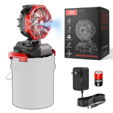 Portable Outdoor Misting Fan, Bucket Top Portable Fan, Battery Powered with 4 Fan Speeds & 4 Mist Settings for Camping, Tailgating, and Beach（Red）