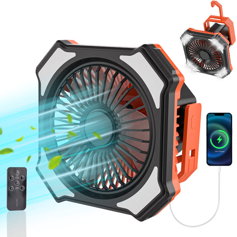 Camping Fan with LED Lantern, 10000mAh Rechargeable Portable Tent Fan with Remote Control, Power Bank, 180°Head Rotation, Perfect Quiet Battery Operated USB Outdoor Fan for Picnic, Barbecue