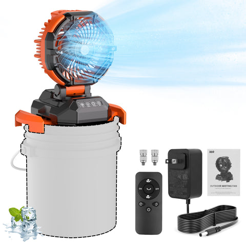 Portable Outdoor Misting Fan, Bucket Top Portable Fan, Battery Powered with 4 Fan Speeds & 4 Mist Settings for Camping, Tailgating, and Beach
