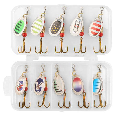 10pcs Fishing Lure Spinnerbait with Feathered Treble Hooks Rooster Tail Fishing Lures Spoon Lures for Bass Salmon Trout Spinner Baits with Tackle Box