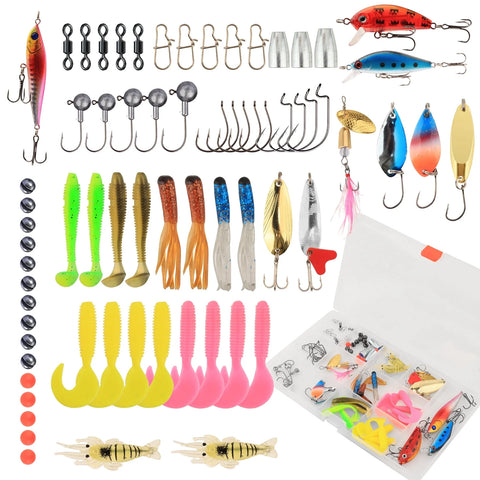 69 Piece LUYA Lure Fishing Kit, Tackle Box with Tackle, Hooks, Fishing Weights, Spinning Blades, Fishing Gear for Bass, Bluegill, Crappie
