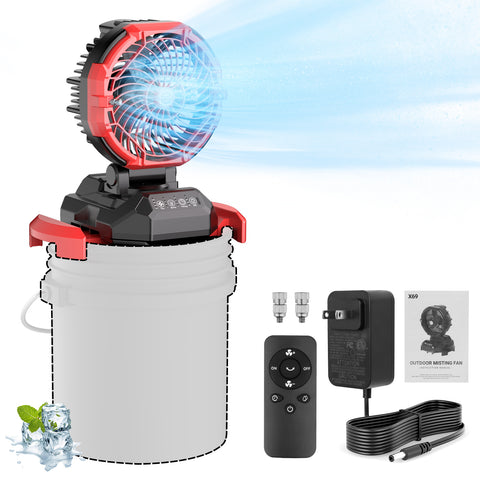 Portable Outdoor Misting Fan, Bucket Top Portable Fan, Battery Powered with 4 Fan Speeds & 4 Mist Settings for Camping, Tailgating, and Beach（Red）