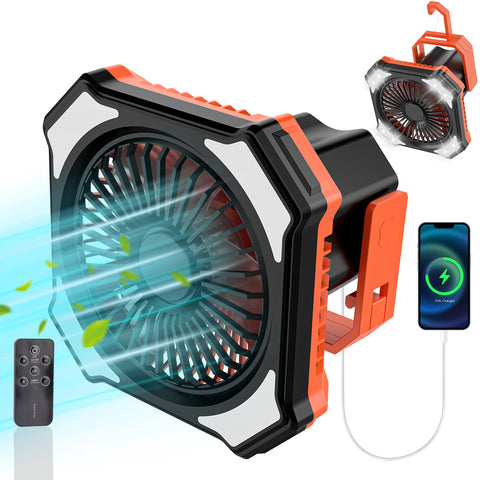 Camping Fan with LED Lantern, 10000mAh Rechargeable Portable Tent Fan with Remote Control, Power Bank, 180°Head Rotation, Perfect Quiet Battery Operated USB Outdoor Fan for Picnic, Barbecue