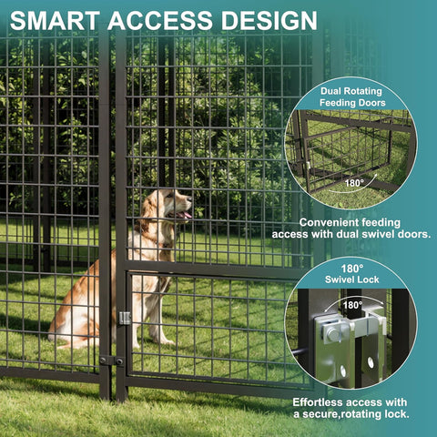 Outdoor Dog Kennel 120"x118", Large Metal Fence House with Roof, Feeding Door, Double Lock