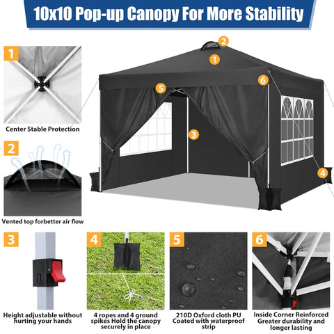 SANOPY 10'x10' EZ Pop Up Canopy with Top Vent, Large Commercial Tent, Waterproof and Sunproof with 4 Removable Sidewalls, Suitable for Weddings come with 4 Sandbags (Black)