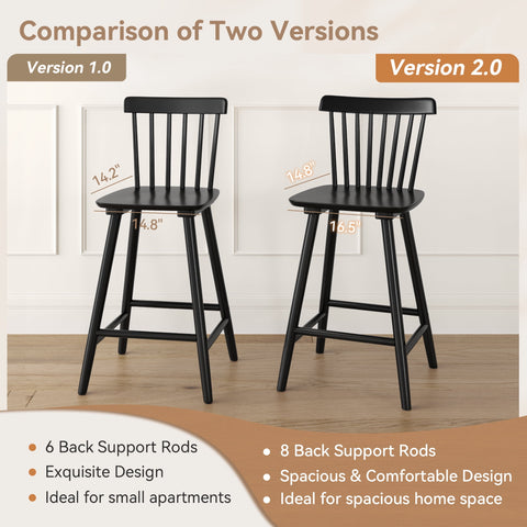 Dycanpo 24'' Wooden Windsor Counter Height Chairs Set of 3, Farmhouse Kitchen Stools with Back,Black