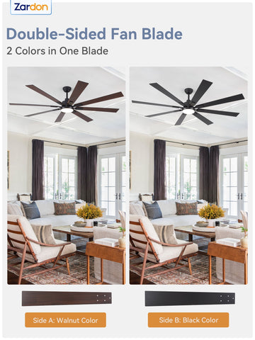 Zardon 72 inch Ceiling Fan with Light and Remote Control - Quiet 6-Speed DC Motor, Farmhouse Design for Indoor - Black