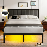 OLEVS Queen Size Bed Frame with Upholstered Headboard, LED Light& USB Socket, No Box Spring Required