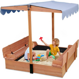 Wooden Sandbox with Lid, Sand Box for Kids Sand Pit with Cover, 2 Foldable Bench with Canopy Adjustable Roof Bottom Liner, Brown