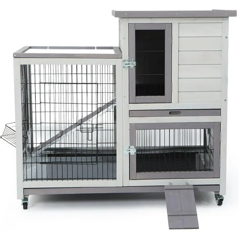 2 Storey Rabbit Hutch Indoor Rabbit Cage Outdoor Bunny Hutch Mobile Guinea Pig Cage, Off-White