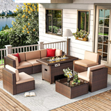 Sunmthink 8 Piece Waterproof polyester cloth Patio Conversation Set with Fire Pit Table, Brown