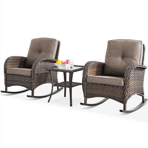 Bellefurn 3PCS Outdoor Rocking Chairs,Rattan Patio Furniture Chairs with Thickened Cushions and Table for Porch,Outdoor,Living Room,Backyard,，350lbs Weight Capacity