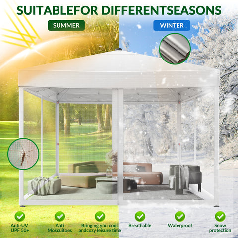 Vecukt 10x10ft Pop Up Canopy Tent with Removable Mesh Mosquito Sidewalls, Remote-Controlled 8-Color LED Lights ,Instant Outdoor Shelter Gazebo Tent, White