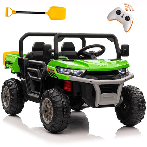 24V Kids Ride on Dump Truck with Remote Control, 2 Seater Powered 4-Wheeler UTV Toys, 2x200W Ride on Tractor Car w/ Electric Dump Bed, Shovel, Bluetooth Music, Green