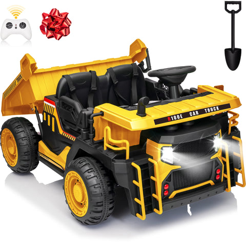 24V Ride on Toys 2 Seater Ride on Dump Truck w/ Remote Control, 2x200W Ride on Truck Car w/ Dump Bed, 3 Speeds, Shovel, Bluetooth/Music, Big Kids, Yellow