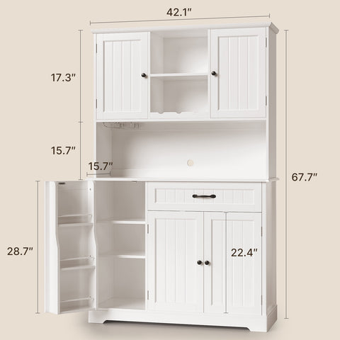 Noelse 67.7" Kitchen Hutch Cabinet with 5 Doors and 14 Shelves, Large Wooden Kitchen Pantry Storage Cabinet with Drawer, Tall Coffee Bar for Dining Room