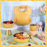 Stainless Steel Baby Feeding Set - Baby Led Weaning Supplies - 6 Pcs Kids Plates and Bowls Set - Includes Adjustable Bib, Forks Spoons, Toddler Cup, Suction Bowls for Baby Toddle (Blue)