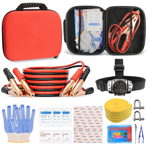 Roadside Assistance Emergency Kit Car Safety Kit Multipurpose Bag Car Premium with Battery Jumper Cable Kit for Car, Vehicle, Truck or SUV for Men or Women, Black