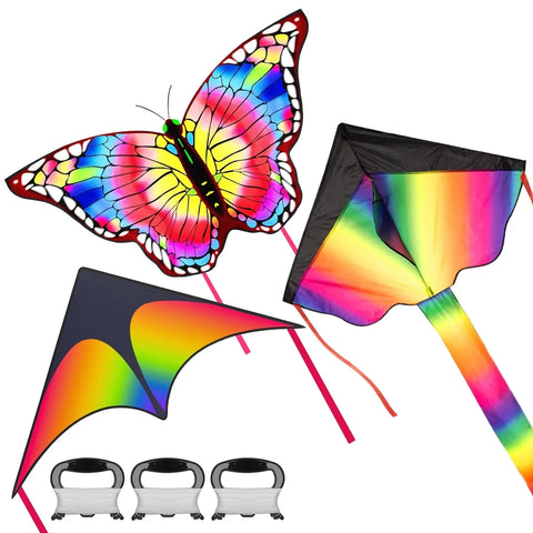Crogift 3 Pack Large Kite Set for Kids & Adults, Easy to Fly for Outdoor Kite for Kids Toy(Butterfly+Delta+fluorescent butterfly-3Pcs)