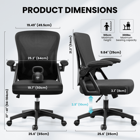 CoolHut Office Chair, Ergonomic Home Computer Desk Chairs, Comfy Breathable Mesh Chair with Adjustable Lumbar Support Flip-up Armrests, Black, 300lbs