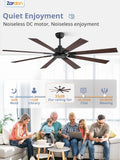 12X Zardon 72 inch Black Ceiling Fan with Remote Control – Quiet 6-Speed DC Motor, 8 Blades for Indoor Use