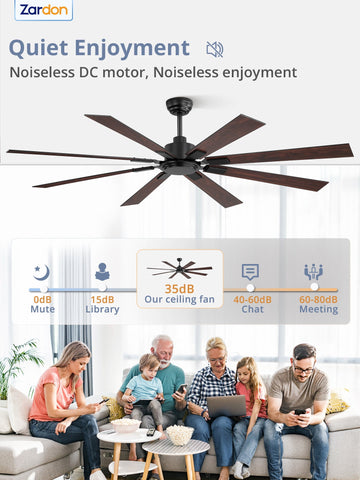 12X Zardon 72 inch Black Ceiling Fan with Remote Control – Quiet 6-Speed DC Motor, 8 Blades for Indoor Use