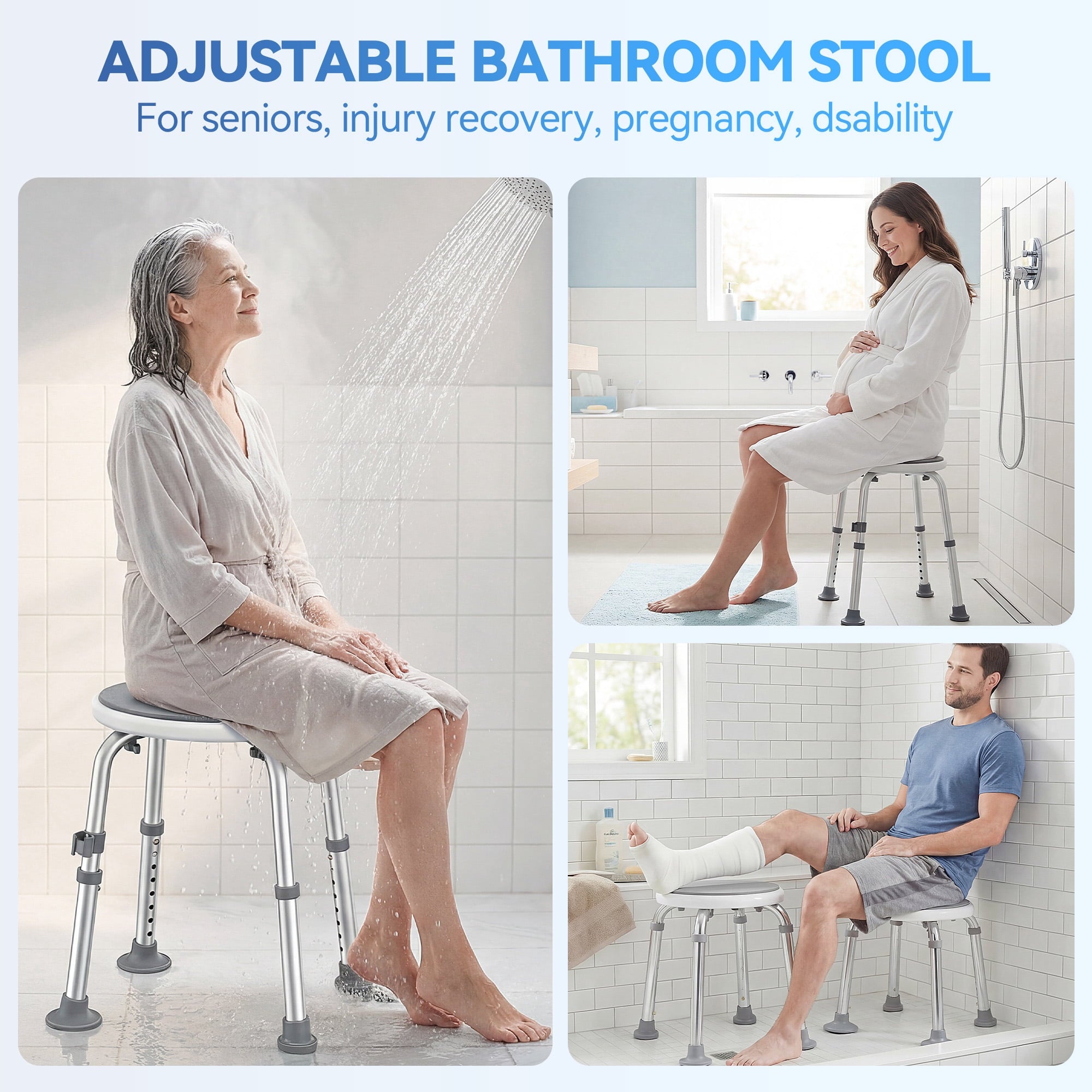 SACVON Adjustable Round Shower Chair, Non-Slip Bath Stool with Aluminum Legs, Tool-Free Height Adjustable Seat for Shower or Tub, Gray