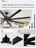Zardon 96 inch Industrial Ceiling Fan with Remote Control – Quiet, High Airflow, Durable for Home & Commercial Use - Black