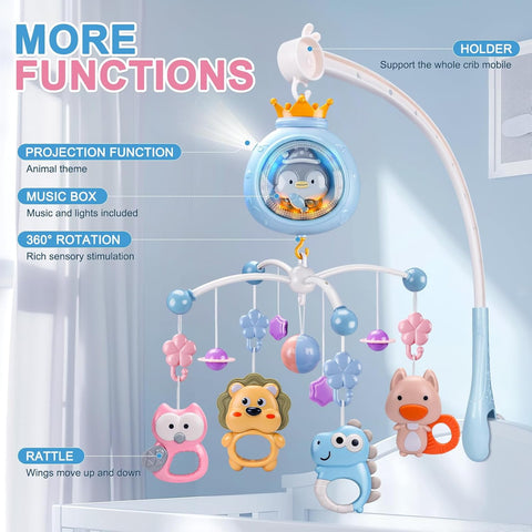 Baby Crib Mobile with Music and Lights, Mobile for Crib with Remote Control and Animal Projection, Hanging Rotating Animals Rattles, Baby Crib Toys for Boy Girl Newborn (Blue)
