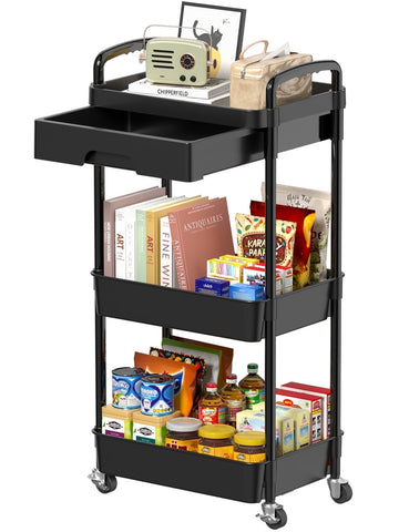 3-Tier Rolling Utility Cart with Drawer & Wheels, Multifunctional Storage Organizer Cart for Kitchen,Bathroom,Living Room,Office, Black