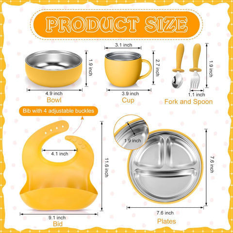 Stainless Steel Baby Feeding Set - Baby Led Weaning Supplies - 6 Pcs Kids Plates and Bowls Set - Includes Adjustable Bib, Forks Spoons, Toddler Cup, Suction Bowls for Baby Toddle (Blue)