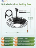 Zardon 18" Outdoor Caged Ceiling Fans with Lights and Remote Control, Dimmable, Waterproof, Black Blades