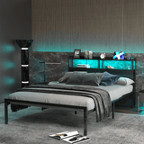 Behost Queen Size Panel Headboard with Outlet and LED Light, Queen Headboard with Two Tiers of Storage, Black