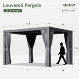 Aoxun 10' x 12' Louvered Pergola, Outdoor Aluminum Pergola with Adjustable Top for Decks, Gardens and Backyards, Gray