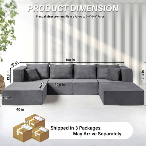 YINIX Corduroy Sectional Sofa,  U-Shaped Couch for Living Room, Apartment, Office,Grey