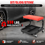 Rolling Creeper Garage/Shop Seat, Soft Padded Mechanic Stool with Segmented Tool Tray Storage, Heavy-Duty Garage Roller Seat with 4 Universal Casters, 330 LBS Capacity