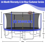 Mersco 15ft Trampoline for Kids Adults,Outdoor Upright-poled Trampoline with Enclosure,Basketball Hoop and Ladder, 1600lbs Loading,Birthday Gifts,Blue