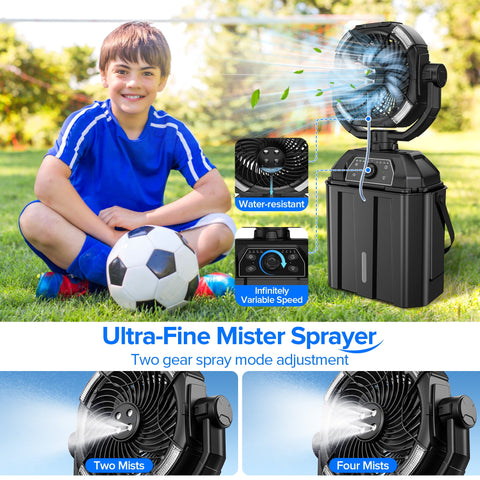 Tensea Cool Misting Fan Portable-6L Bucket,3 LED Light Camping Tent Fan with Mister,20000mAh USB Rechargeable Battery Powered Water Mister Fan for Outdoor & Indoor,Cvt Speed Fan Design & 4 Misters