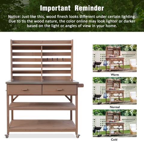 64.9"H Outdoor Potting Bench Table with Lockable Wheels, Solid Wood Outdoor Kitchen Island with Upper Hutch, Stainless Steel Top, Towel Rack ,Outdoor Storage for Grilling, Lawn Garden -Brown