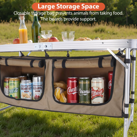 Vecukty Portable Camping Table Set - Aluminum Kitchen Station w/ Storage, Adjustable Feet & Trash Can, brown