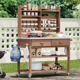 64.9"H Outdoor Potting Bench Table with Lockable Wheels, Solid Wood Outdoor Kitchen Island with Upper Hutch, Stainless Steel Top, Towel Rack ,Outdoor Storage for Grilling, Lawn Garden -Brown