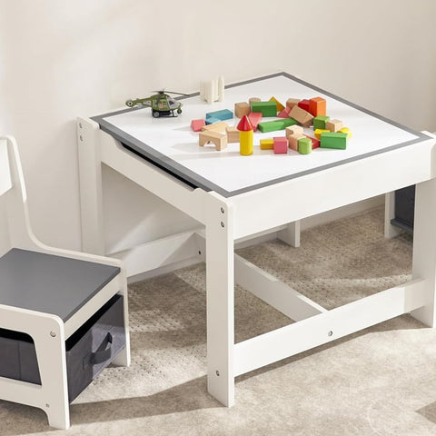 4-in-1 Kids Table and Chairs Set with Removable Tabletop Storage & Bookshelf, Toddler Table and Chair Set for Playroom Kids Room or Living Room, Gray